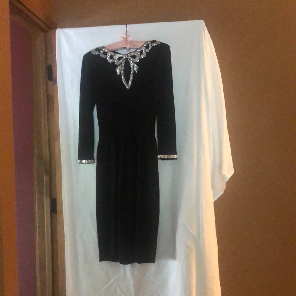 Vintage 70’s Don Sayres wool knit black dress with sequined Bow Bib and wrists.